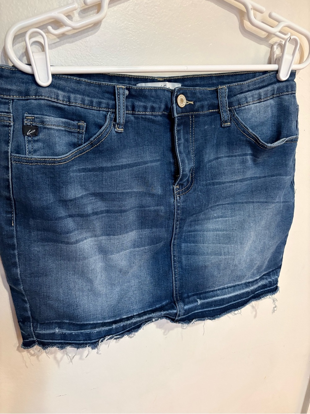 KanCan Blue Washed Denim Mini Skirt Stretch with Frayed Hem size 13 / 30